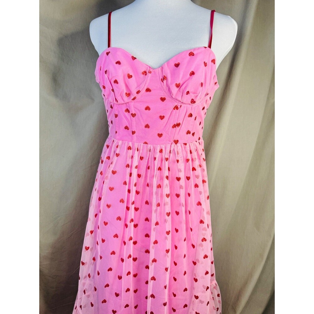 Betsey Johnson Heart Print Dress Bustier Midi Pink Feminine Coquette NWT S/XS/2 - Picture 2 of 6